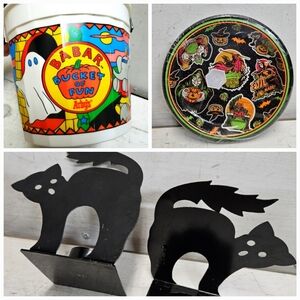 Halloween Lot Bundle Bucket Plates Cat Tea Light Candle Holders Spooky Decor